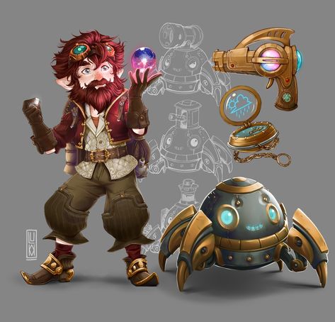 Rock Gnome Artificer, Gnome Artificer Male, Deep Gnome Artificer, Artificer Dnd Male, Gnome Engineer, Halfling Artificer, Gnome Fantasy Art, Gnome Steampunk, Dnd Artificer Character Design