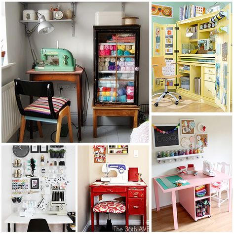 Do you want to create a permanent little sewing area in your home? These 15 small sewing spaces will inspire you to create a really fun place! Small Sewing Space, Sewing Room Ideas, Sewing Closet, Small Sewing Rooms, Sewing Nook, Diy Sewing Table, Sewing Desk, Sewing Station, Sewing Room Inspiration