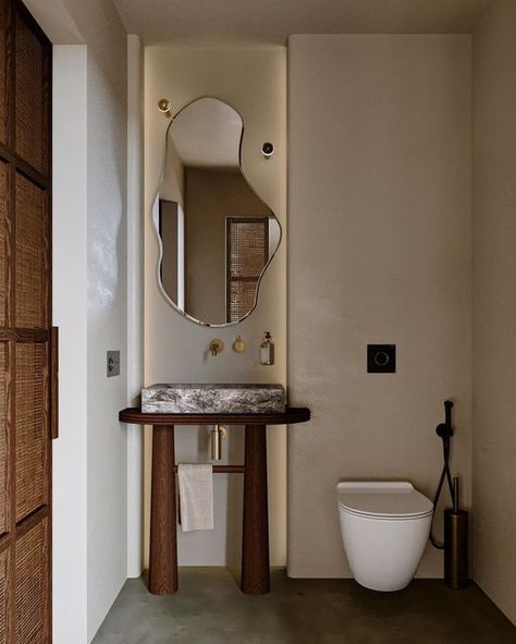 Bathroom Vanity Curved, Wood Paneled Bathroom, Wood Powder Room, Post Modern Bathroom, Bathroom Dark Wood, Powder Room Interior Design, Bathroom Vanity Dark, Powder Room Bathroom, Console Vanity