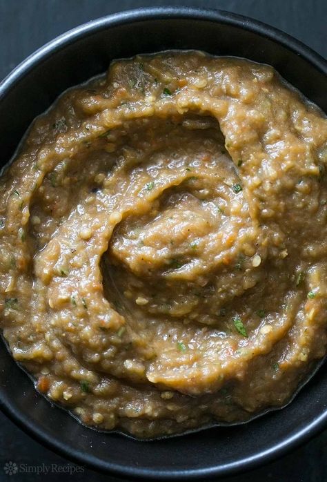 Eggplant Caviar ~ Creamy roasted eggplant dip with roasted bell pepper, garlic, basil, balsamic, and olive oil. ~ SimplyRecipes.com Russian Eggplant Caviar, Caviar Dip, Eggplant Caviar, Roasted Eggplant Dip, Vegan Eggplant, Caviar Recipes, Eggplant Dip, Roasted Eggplant, Roast Eggplant