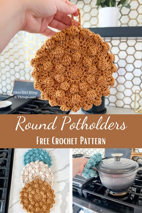 This is an unique take on a tradition square potholder. I love all the texture that the bobble stitch gives these round potholders. So quick and easy to crochet! Crochet Pattern For Hot Pads, Crochet Round Hot Pads Free Pattern, Crochet Kitchen Potholders, Hot Pad Crochet Pattern Free, Crochet Potholder Free Pattern, Crochet Crafts For Beginners, Crochet Trivet, Crocheted Potholders, Crochet Pot Holders Free Pattern