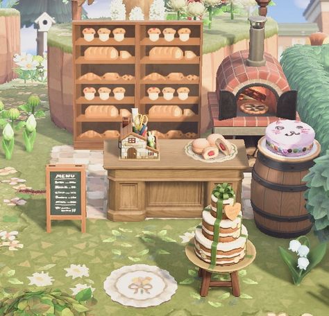 Acnh Small Cafe Ideas, Bread Shop Animal Crossing, Acnh Soup Stall, Acnh Pie Stall, Acnh Pizza Stall, Outdoor Bakery Acnh, Bakery Acnh Code, Acnh Bread Design, Acnh Bread Stall