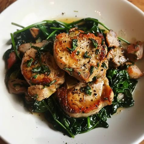 A delicious and healthy pork and spinach dish Pork With Spinach Recipes, Pork Spinach Recipes, Pork Chop Spinach Recipes, Pork And Spinach Recipes, Pork Chops And Spinach Recipe, Spinach Pork Chops, Pork Chops With Spinach, Pork And Spinach, Spinach Dish