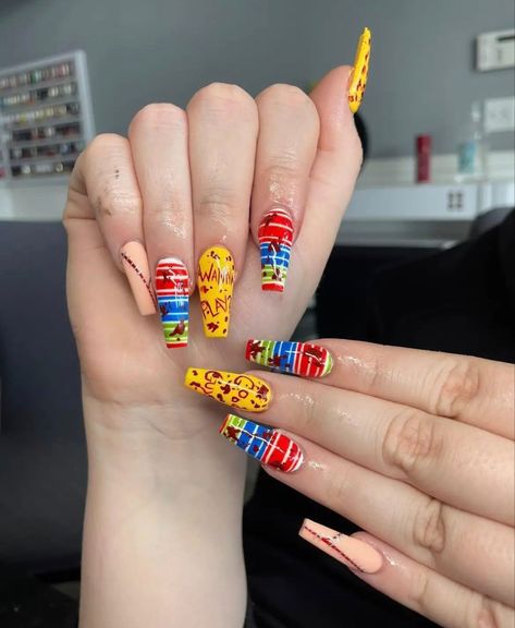 Chunky Acrylic Nails, Halloween Nail Designs Chucky, Austin Powers Nails, Childs Play Nails, Chuckie Nails, Chucky Halloween Nails, Halloween Nails Chucky, Horror Acrylic Nails, Chucky And Tiffany Nails