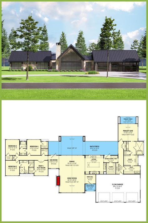 Porch Floor Plan, Modern Ranch Home, 1 Story House, Ranches Living, Porch Floor, New Zealand Houses, 4 Bedroom House Plans, Modern Ranch, Porch Flooring