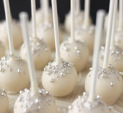 White And Silver Treats, Cake Pops For A Wedding, Pearl Dessert Ideas, 30th Anniversary Party Ideas Pearl, White And Silver Cake Pops, Diamonds & Pearls Theme, Bridal Shower Cake Pops Ideas, Pearl Cake Pops, Engagement Party Cake Pops