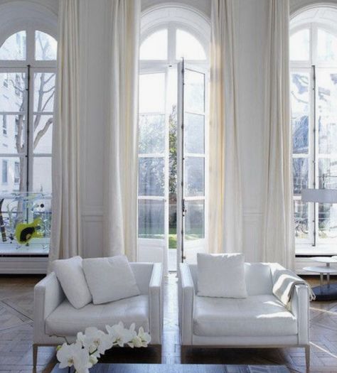 Belgian Linen Curtains, Hotel Particulier Paris, Curtain Lining, Extra Long Curtains, White Linen Curtains, Contemporary Living Room Design, Kabinet Dapur, White Couches, Luxury Curtains