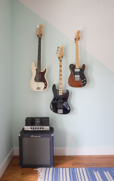 One Room Challenge: Nick’s Office Hanging Guitars Hanging Up Guitars The Wall, 2 Guitars On Wall, Hanging Guitars On Wall Ideas Bedroom, Guitar On Wall Bedroom, Guitar Corner Bedroom, Guitars On Wall Living Room, Guitar Hanging On Wall, Diy Music Room, Music Corner Ideas