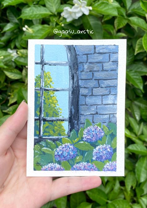 Gouache Cards, Nature Gouache, Gouache Sky, Procreate References, Gouache Ideas, Paint Gouache, Flowers Window, Scenery Art, Artwork Watercolor