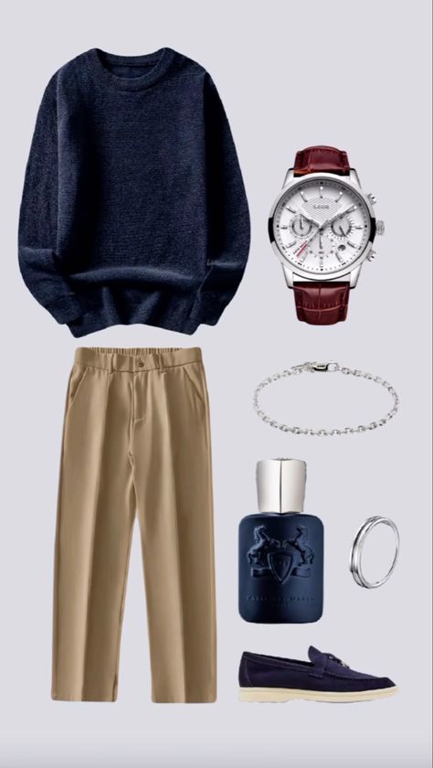 Old money, luxury, outfit idea, men, navy blue and beige Blue Shirt Beige Pants, Blue And Beige Outfit Men, Dark Blue And Beige Outfit, Navy Blue Old Money Outfit Men, Old Money Navy Blue, Navy Blue And Beige Outfit, Blue And Brown Outfit Men Streetwear, Beige And Blue Outfit, Blue Hoodie Outfit