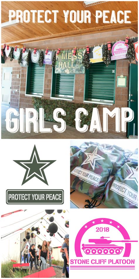 Girls Camp Army Military Battalion Theme | All Things Thrifty #girlscamp #militaryideas #protectyourpeace Girls Camp Decorating Ideas, Ycl Girls Camp Ideas, Lds Camp Themes, Lds Girls Camp Activities, Yw Camp Themes, Lds Girls Camp Themes 2024, Lds Yw Theme 2024, Girls Camp Themes Lds, Yw Camp Ideas