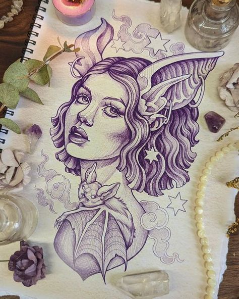 Neotrad Lady Face, Neotraditional Lady Head, Neo Traditional Leaves, Lady Face Tattoo Design, Spooky Cute Tattoo, Delilah Tattoo, Neotrad Flash, Neotraditional Tattoo Sketch, Tattoos For Artists