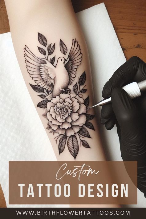 🌸✨Dove and Marigold Flower Tattoo | Minimalistic October Birth Flower Design✨🌹 October Birth Flower Tattoo Marigold, Marigold Flower Tattoo, October Birth Flower Tattoo, Marigold Tattoo, October Birth Flower, Carnation Tattoo, October Birth Flowers, Dove Tattoo, Birth Flower Tattoos