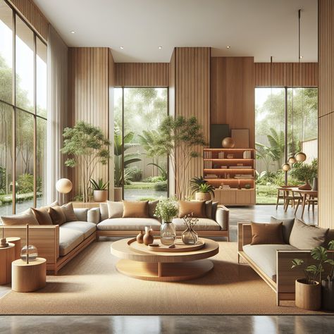 The room should feature wooden furniture styled in a contemporary manner, with a spacious layout and an open plan design. Natural light should dominate the room, flooding in from tall windows that showcase the view into a beautiful garden. Earthy tones, plants, and sustainable materials should be a notable part of the décor. This design aims to create a warm, welcoming environment that seamlessly blends the indoors with the outdoors, serving as an inspirational image for a remodel project. Rattan Interior Design Living Rooms, Wooden Home Interior, Bamboo Living Room, Japan House Design, Dreamy Living Room, Wood Living Room, Japan House, Tropical Interior, Bring Nature Indoors