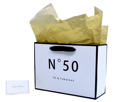 PRICES MAY VARY. Features: N.50 and 50 & Fabulous birthday print appear on two sides. Complete 50th birthday gifts Package: Contains 1 gift bag with black ribbon handles,4 gold tissue paper,1 greeting card, great for 50th birthday gifts need. Size: Birthday gift bag size: 12.6x4.33x9.84 inch, 4 pcs gold art wrapping paper:19.5x13.78 inch.1 greeting card: 5.5x3.74 inch. Versatile Usage: Whether it's an indoor or outdoor 50th birthday party, this white black 50th birthday gift bag is perfect for t Funny 50th Birthday Gifts For Women, 50th Birthday Favors For Women, 50th Birthday Gift Ideas For Women, Party Favors 50th Birthday, 50 Birthday Gift Baskets, 50th Birthday Favors, Black Gift Bag, 50th Birthday Party Favors, 50 Fabulous Birthday