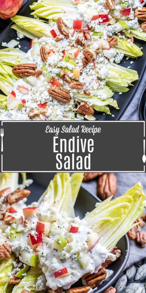 This easy Endive Salad recipe uses Belgian endive to make a delicious, fresh and healthy salad filled with apples, pears, and pecans, and topped with homemade blue cheese dressing. It's a simple but beautiful side dish for the holidays, or just a delicious meal for a busy weeknight. Homemade Blue Cheese Dressing, Homemade Blue Cheese, Endive Recipes, Belgian Endive, Party Side Dishes, Endive Salad, Gluten Free Sides, Blue Cheese Dressing, Side Dish Recipes Easy