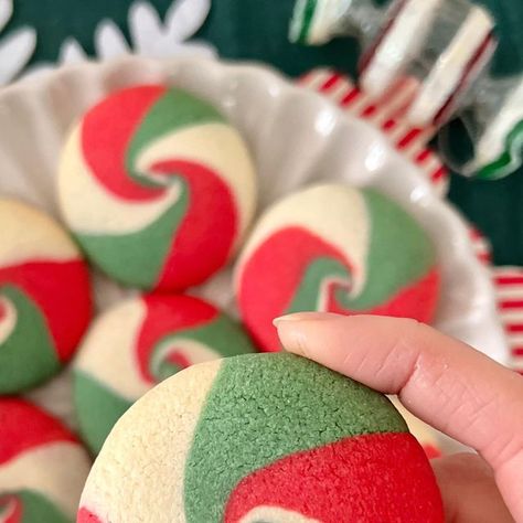 Alice Fevronia on Instagram: "💫 My neopolitan swirl cookie recipe has been my most popular recipe ever (according to hits on my website, and the number of times I’ve been tagged in your creations!) so I thought I would give them a festive makeover! 🎄 They’re made of a really simple buttery sugar cookie dough, but the joy is all in the swirl! I went for vanilla and almond this time, but you could add any flavourings you like, I guess even peppermint to make them taste like peppermint candy too! You will need (makes around 18 cookies): * 200g unsalted butter * 125g icing sugar * 1 large egg * Pinch of salt * 1 tbsp cornflour * 350g plain flour * 1 tsp vanilla extract * 1 tsp almond extract * Red, green and white food colouring  1. Cream together the butter and icing sugar 2. Add the eg Neopolitan Swirl Cookies, Red And Green Swirl Cookies, Red And White Christmas Cookies, Swirl Cookies Christmas, Swirl Cookies Recipe, Christmas Swirl Butter Cookies, Red And Green Cookies, Red And Green Christmas Cookies, Christmas Swirl Cookies