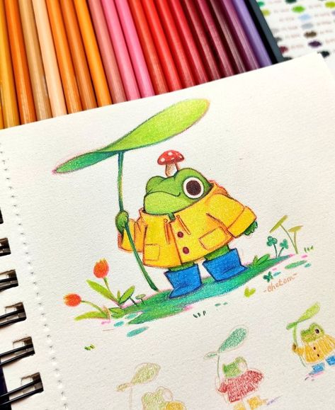 cute frog toad rain magical whimsical kidlit illustration of a colorful frog mushroom on the head holding a green leaf plant surrounded by orange tulips made with colored pencils on a sketchbook by chetom Traditional Illustration, Color Pencil Illustration, Frog Illustration, Frog Drawing, Yellow Raincoat, Frog Art, Cute Doodle Art, Dessin Adorable, Color Pencil Art