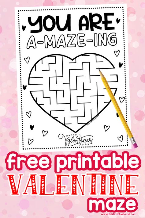 A fun free printable Valentine maze perfect for some fun at home or at school in honor of Valentine's day. This Valentine maze free printable is a great free Valentine activity for kids of all ages. Head over to our website today to download your free maze for Valentine's day free printable. Escuela Diy, Kid Diy, Valentine Notes, Printable Mazes, Punny Valentines, Diy School, Valentine Activities, Valentines Printables Free, Bag Topper