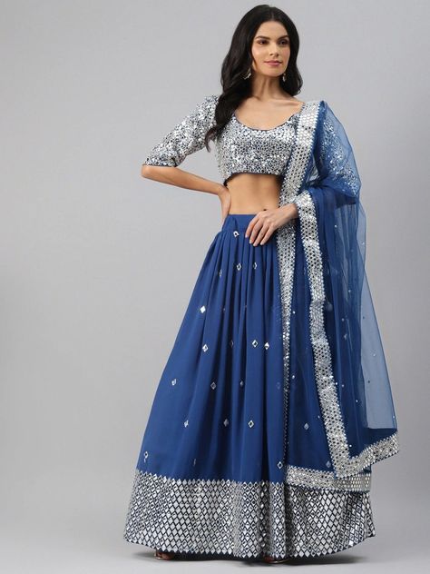 Lehenga With Mirror Work, Silver Lehenga, Embellished Lehenga, Silver Blouse, Stitched Lehenga, Lehnga Dress, Blue Lehenga, Lehenga Online, Net Lehenga