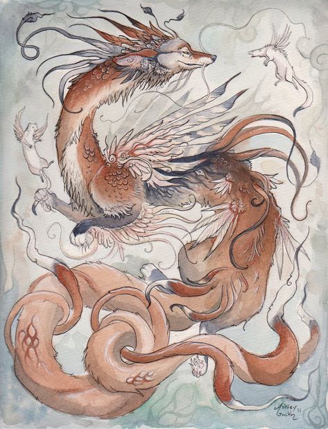 The Coyote Dragon by Kitsune-Seven on DeviantArt Japanese Mythical Creatures, Mythological Animals, Kitsune Fox, Japanese Mythology, Japanese Folklore, Japanese Artwork, Mythical Beast, The Messenger, Mythology Art