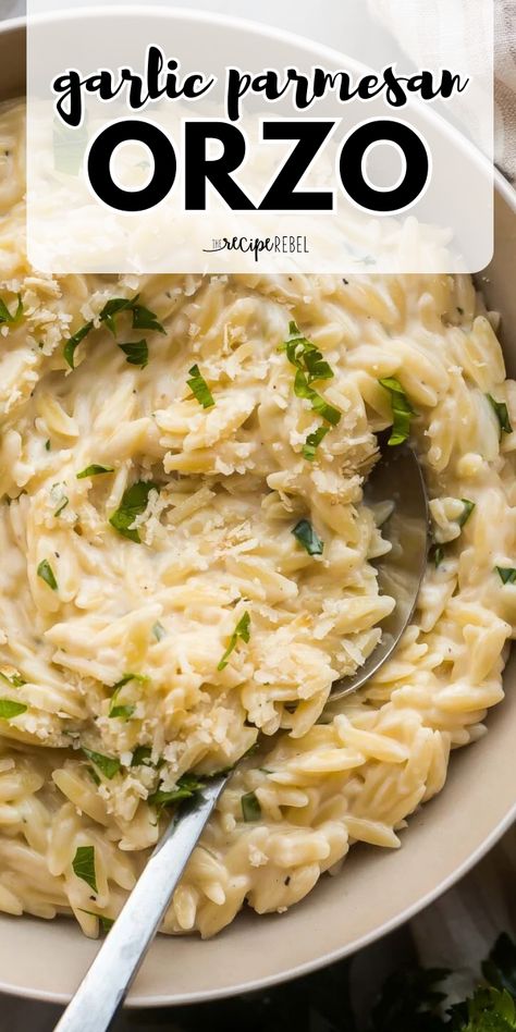 Try this garlic parmesan orzo! It's a quick weeknight dinner in just 20 minutes. Tossed in a light and cheesy cream sauce, this orzo pasta is an easy homemade meal you'll surely love! Pin this for later! Garlic Parmesan Orzo Pasta, Cooking Light Recipes Dinner, Sauce For Orzo Pasta, Orzo Recipes Parmesan, Recipes For Orzo Pasta, 10 Minute Dinner Ideas, Garlic Parmesan Orzo Recipe, Orzo Easy Recipe, Garlic Orzo Recipes