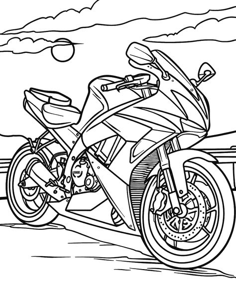 Sport Bike at Rest: A sleek sport bike parked with the sun in the background. (Free Printable Coloring Page for Kids) Sport Car Coloring Pages, Sports Car Coloring Pages, Cars Coloring Pages Free Printable, Coloring Pages Cars, Motorcycle Coloring Pages, Coloring Pages For Kids Easy, Car Coloring Pages, Sports Coloring Pages, Frog Coloring Pages