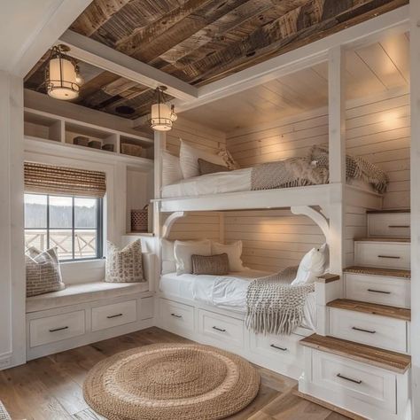 Built In Bunks For Small Spaces, Cute Country Houses Inside, Two Beds In One Room, Buckeye Plans, Luxury Bunk Bed, Toddlers Bedroom, Vacation Home Decor, Bunk Beds Built In, Built In Bunks