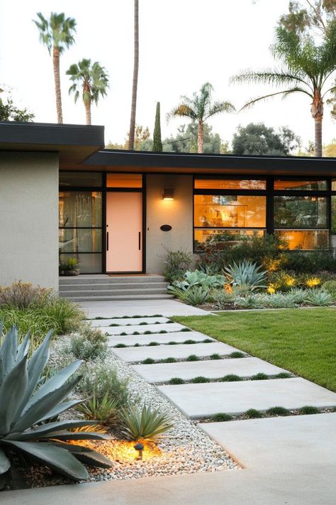 Mid-century modern house with pink door and desert landscaping. Get ready for a sun-soaked adventure in Palm Springs’ mid-century marvels, where sleek design meets desert vibes and retro never looked so cool! House With Pink Door, Mid Century Modern House Exterior, Xmas House, Concrete Pathway, Palm Springs Mid Century Modern, Brick Houses, Mid Century Exterior, Mcm House, Concrete Facade