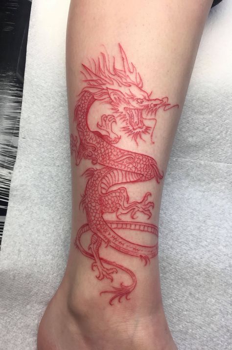 Dragon Thigh Tattoo, Dragon Tattoo Meaning, Red Dragon Tattoo, Dragon Tattoos For Men, Verse Tattoos, Ribcage Tattoo, Dragon Tattoo For Women, Tattoos For Black Skin, Red Ink Tattoos