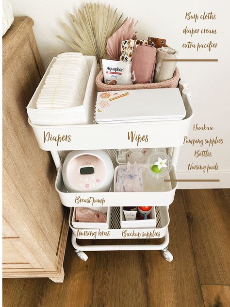 Nappy Cart Ideas, Changing Station In Parents Room, Nursery Shopping List, Nursery And Parents Room Together, Indy Kate Nursery, Cart Baby Storage, Nursery Diaper Organization, Nursing Area In Nursery, Bedside Setup For Newborn