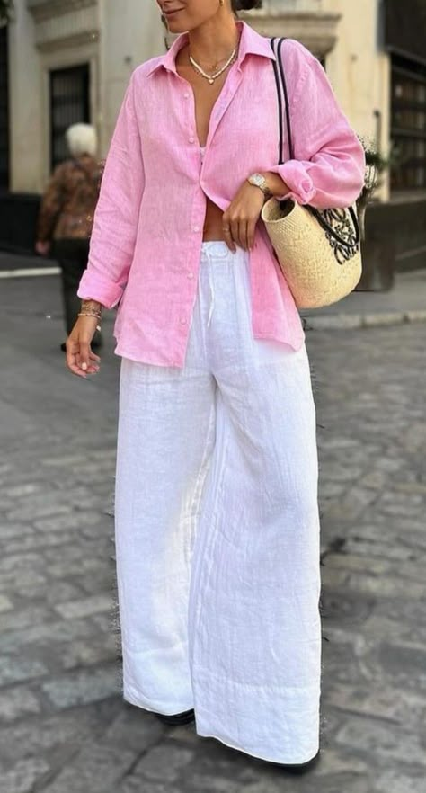 Miami Outfits Modest, Varkala Outfits, Loose Linen Pants Outfit, White Linen Pants Outfit, Pink Shirt Outfit, Pink Linen Pants, 70s Inspired Outfits, Linen Pants Outfit, Stylish Outfits For Women Over 50