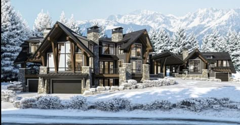 Winter Cabin Exterior Big, Rustic Family Vacation Chalet Exterior, House With Skywalk, Mountain Side Mansion, Winter Modern Mansion, Bloxburg Cabin Exterior, Winter Mansion Exterior, Luxury Cabin Exterior, Chalet Mansion