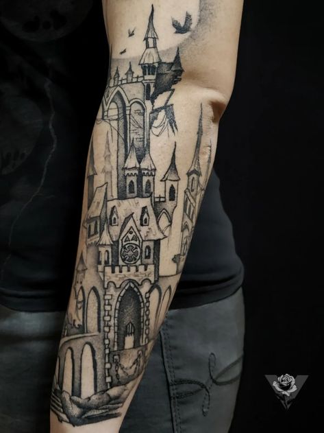 Tattoo uploaded by V • Mystical castle #castle #medieval #stronghold #moon #night #dark #blackwork • 1416810 • Tattoodo Castle Dragon Tattoo, Midevil Tattoos, Mystical Castle, Castle Medieval, Castle Tattoo, Bookish Tattoos, Medieval Tattoo, Dracula Castle, Dragon Stone