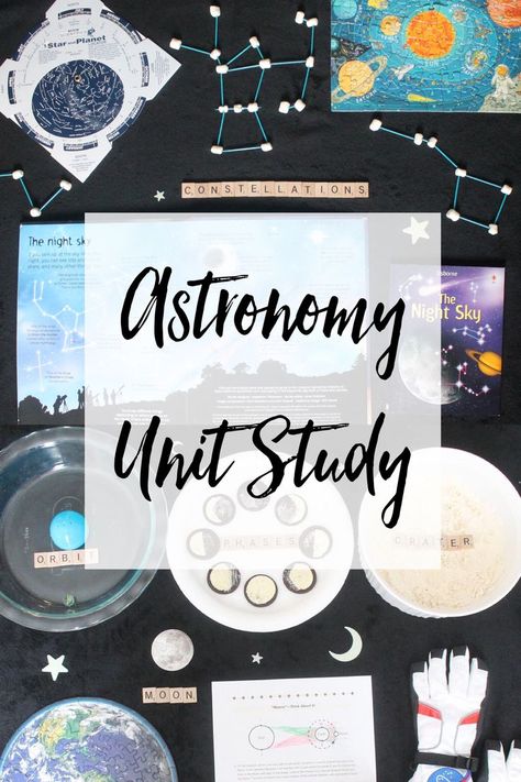 A complete astronomy unit study filled with STEM activities and book recommendations. Space Unit Study Kindergarten, Astronomy Unit Study, Astronomy Worksheets, Astronomy Study, Solar System Unit Study, Homeschool Astronomy, Astronomy Activity, Astronomy Lessons, Solar System Unit