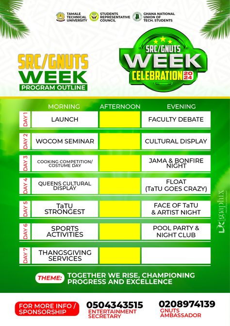 TaTU SRC WEEK celebration program outline flyer design Pool Party Activities, Sport Pool, Cooking Competition, Competition Costumes, Crazy Day, Party Activities, Day For Night, Program Design, Going Crazy