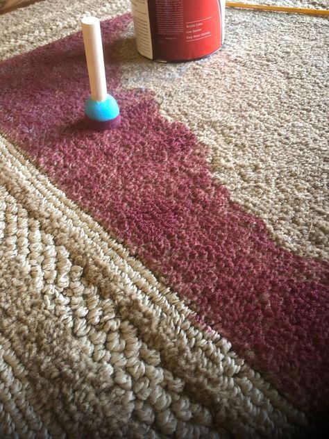 When You Can’t Find a Rug, Paint One! Diy Rug Painting, Metal Desk Makeover, Burgundy Bathroom, Stencil Rug, Rug Painting, Faux Brick Backsplash, Stenciled Curtains, Burgundy Walls, Vintage Milk Can