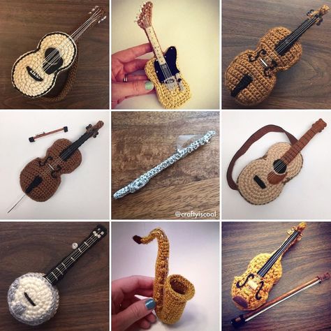 Crochet Saxophone Pattern Free, Crochet Musical Instruments, Crochet Violin Free Pattern, Crochet Instruments, Crochet Flute, Tiny Instruments, Music Crochet, Crochet Music, Tiny Violin