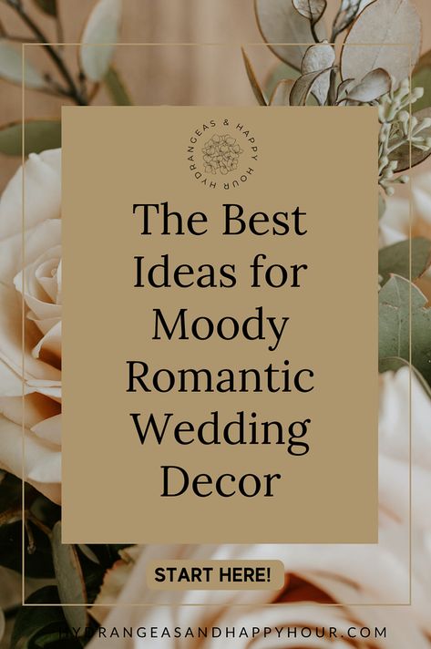 Looking for inspiration for your moody romantic wedding decor? Our wedding blog is your ultimate resource. We cover every aspect of this enchanting theme, from selecting the right wedding decorations to mastering the art of creating a romantic atmosphere. Ideal for those in the midst of wedding planning, our guide offers practical tips and stunning ideas. Get inspired by moody romantic wedding decor and wedding planning at Hydrangeas and Happy Hour! Romantic Decor Wedding, Moody Romantic Wedding Table Settings, Moody Romantic Table Decor, Romantic Wedding Reception Ideas, Moody Romantic Wedding Decor Table, Wedding Styles Themes Romantic, Wedding Decorations Indoor Simple, Dark And Moody Wedding Reception, Dark And Moody Wedding Decor