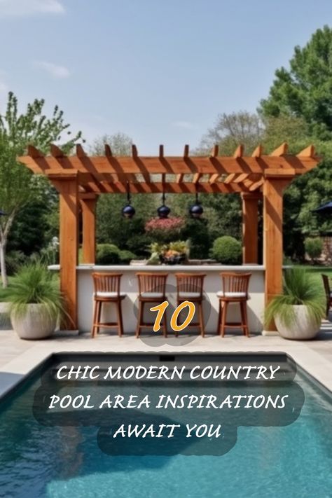 I absolutely love this chic modern country pool area! The warm wood tones of the pergola and stylish seating create a perfect space for relaxation and entertaining by the water. Dive into these 10 inspiring ideas to enhance your own outdoor oasis! Country Pool Ideas, Pool Entertaining Area, Outdoor Patio Ideas With Pool, Patio Ideas With Pool, Pool Entertaining, Country Pool, Japandi Dining Room, Organic Modern Kitchen, Coastal Country