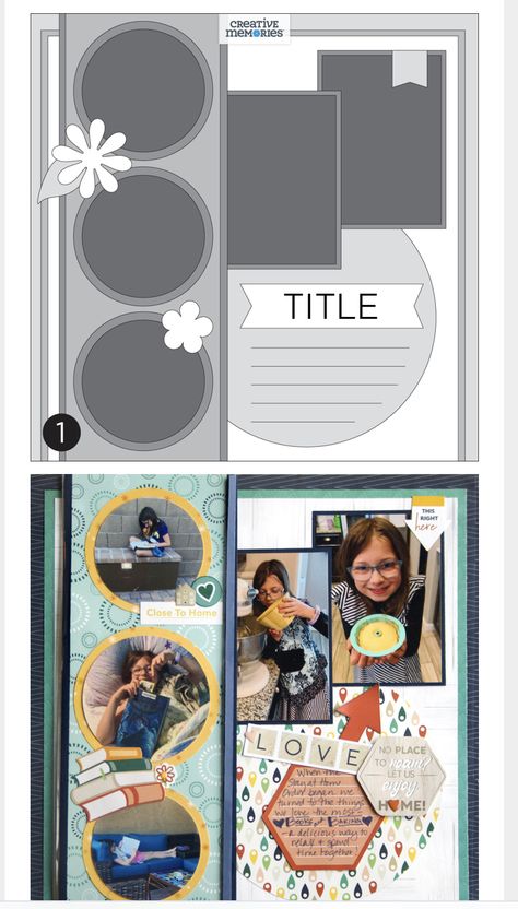 Scrapbook Layouts With Circles, Large Circle Scrapbook Layout, Scrapbook Layout, Scrapbook Sketches 12x12 2 Page 6 Photos, Scrapbooking Sketches 12x12 2 Page, Circle Scrapbook, 4 Photo Scrapbook Layout Sketch, Memory Projects, Wedding Scrapbooking Layouts