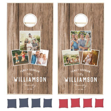 Modern Family Reunion Rustic Wood Photo Collage Cornhole Set Wedding String Lights, Wedding Mr And Mrs, Wedding Cornhole Boards, Family Games Outdoor, Wooden Backdrops, Rustic Modern Wedding, Barn Wedding Decorations, String Lights Wedding, Summer Wedding Outdoor