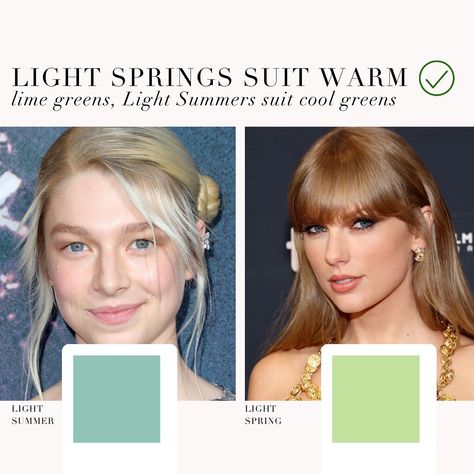 Color analysis for Light Summers show the cool greens best as shown in the swatch on the left. The Light Spring palette suits warm lime greens, shown in the swatch on the right. Light Summer Fashion Style, Clear Spring Blonde Hair, Bright Cool Light Color Palette, Light Spring Vs Soft Autumn, Light Spring Wardrobe, Spring Colour Analysis, Summer Undertone, Summer Pallet, True Spring Color Palette