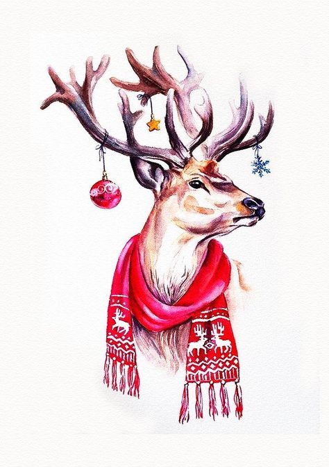 Raindeer Drawing Christmas Cute, Christmas Deer Drawing, Christmas Drawings Beautiful, Reindeer Drawing, Xmas Drawing, Christmas Illustrations, Christmas Arts And Crafts, Christmas Card Art, Deer Art