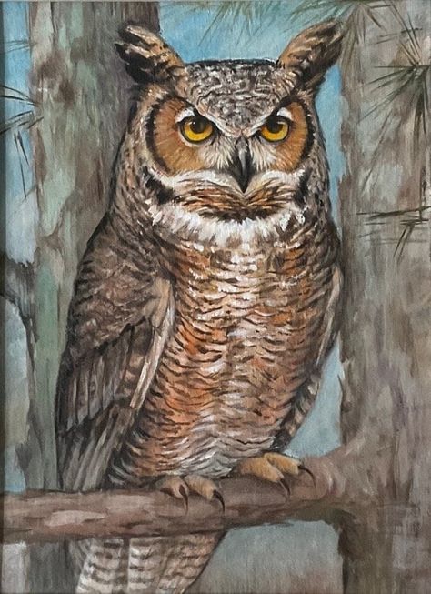 * Original horned owl painting made with acrylic paint on board. Framed in a high quality, second-hand wooden frame.  SIZE: 40 x 30cm (16 x 12 inches) * The painting shown in the first photo is in stock and available to buy. For other variations shown in subsequent photos, please allow approximately 1 week for them to be ready prior to shipping. When ordering, please make a note of which version you would like made. Other sizes can be painted upon request, please message to arrange. Prices will Halloween Owl Painting, Fall Owl Painting, How To Paint An Owl, Owl Pictures Art, Owl Painting Easy, Owls Paintings, Paintings Of Owls, Owls Aesthetic, Owl Painting Acrylic