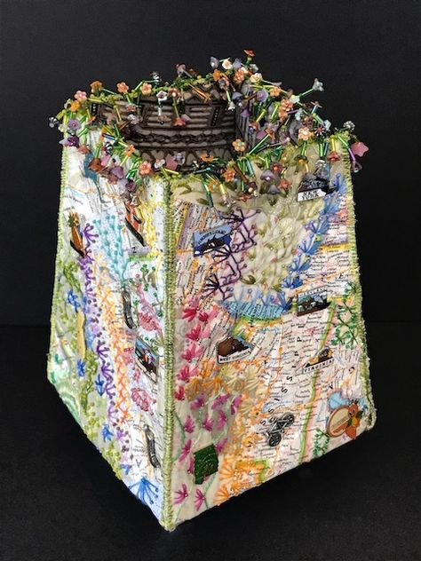 Spotlight: Pat Herkal, Bead and Fiber Artist - Create Whimsy Beaded Textile Art, Fabric Vases Handmade, Textile Vessels, Stitch Pots, Embroidered Boxes, Fabric Vessels, Textile Art Projects, Textile Art Techniques, Textile Flowers