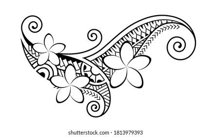 Tatuaje al estilo maorí. Ornamento oriental decorativo étnico con flores frangipanas. Coloreando la página del libro. Frangipani Tattoo, Maori Tattoo Frau, Ankle Band Tattoo, Tropical Flower Tattoos, Hawaiian Flower Tattoos, Polynesian Tattoos Women, Hawaii Tattoos, Polynesian Art, Polynesian Tattoo Designs