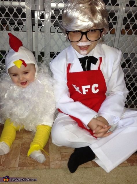 Rudy: This is my son (colonel sanders) and daughter (chicken)! Both are completely NO SEW!! Yes! For Colonel Sanders I just used an old wig we had around the house, ribbon... Sibling Costume Ideas, Kfc Colonel Sanders, Sibling Halloween Costumes, Sibling Costume, Chicken Costumes, Colonel Sanders, Baby Halloween Outfits, Fairy Halloween Costumes