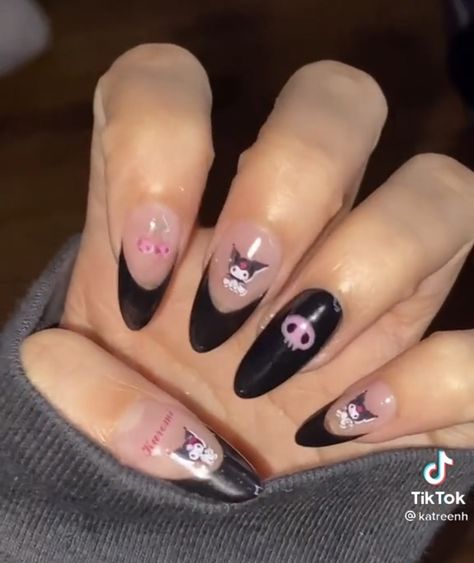 Kuromi Almond Nails, Sanrio Almond Nails, Almond Nails Y2k, Skull Nails, Gel Acrylic Nails, Birthday Nails, Nails Ideas, Almond Nails, Nail Inspo