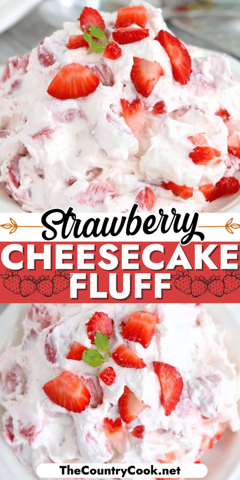 This Strawberry Cheesecake Fluff is an easy and fun recipe full of strawberry and cheesecake flavors. The perfect fruity dessert for all your gatherings! Strawberry Cheesecake Fluff, Strawberry Fluff Salad, Strawberry Cheesecake Salad, Cheesecake Fluff, Strawberry Salad Recipe, Fluff Salad Recipes, Strawberry Fluff, Fluff Salad, Fresh Strawberry Recipes